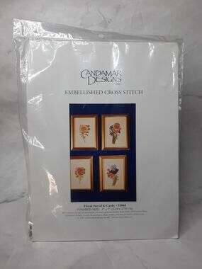 Vintage Candamar Designs Embellished Cross Stitch Kit Set of 4 Floral Cards